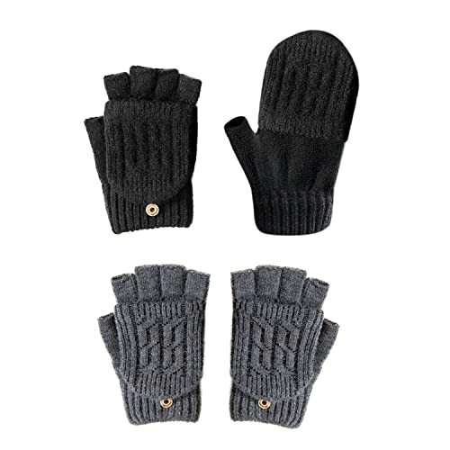 PFLYPF 2 Paar Warme Handschuhe, Umwandelbare FäUstlinge, Strickhandschuhe, Halbfingerhandschuhe, Handschuhe mit Deckel, Unisex (Dunkelgrau, Schwarz) von PFLYPF