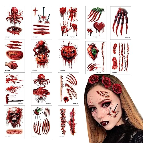 Halloween Face Aufkleber | Realistische 3D Zombie-Nähte Narbe Scab Temporäre Face Abziehbilder - Gefälschte Narben Mouth Kürbis Temporäre Halloween Make-up Aufkleber für Gesicht Cheek Hals Schultern von PFRANK