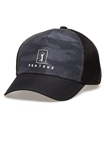 PGA TOUR Herren Camo Trucker Style Golf Hat Lightweight Mesh Classic Baseball Cap Pro Series Range One Size Verschluss, Caviar, Einheitsgröße von PGA TOUR