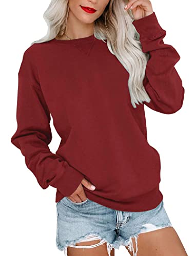 PGANDS Damen-Sweatshirt mit Rundhalsausschnitt, einfarbig, langärmelig, lässig, leicht, A- Weinrot, S von PGANDS