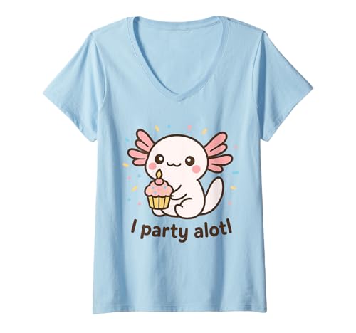 Damen An Axolotl Birthday - Süßes Kawaii Wortspiel "I Party Alotl" T-Shirt mit V-Ausschnitt von PGH Shop