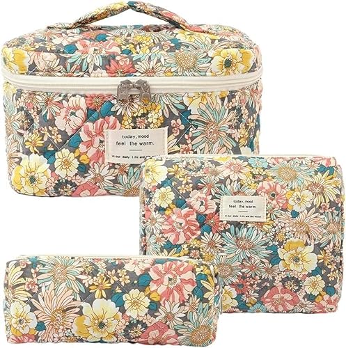 Kosmetiktasche, Make-up-Tasche, Make-up-Beutel, Make-up-Organizer, 3-teilige Make-up-Tasche aus gesteppter Baumwolle, Reise-Kosmetiktasche, süße Make-up-Tasche mit Blumenmuster, großer Kulturbeutel fo von PGPAYH