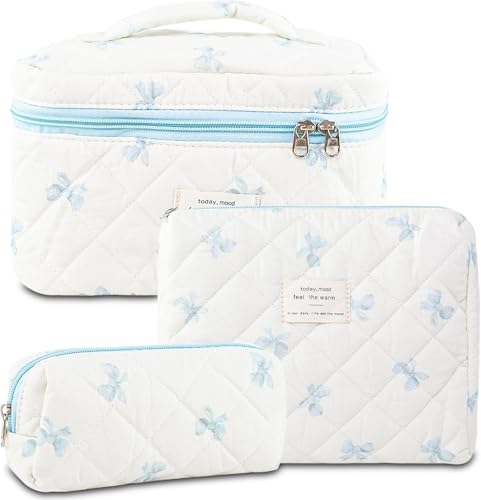 Kosmetiktasche, Make-up-Tasche, Make-up-Beutel, Make-up-Organizer, 3-teilige Make-up-Tasche aus gesteppter Baumwolle, Reise-Kosmetiktasche, süße Make-up-Tasche mit Blumenmuster, großer Kulturbeutel fo von PGPAYH