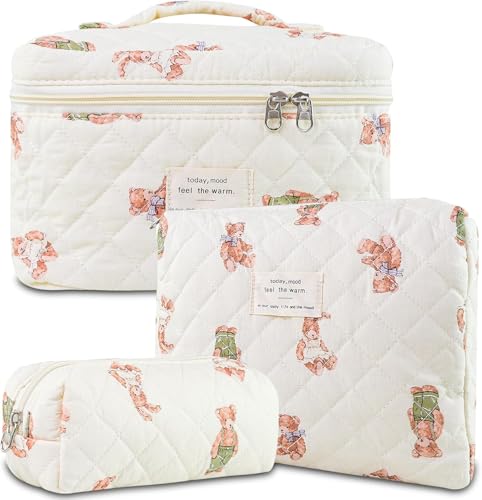 Kosmetiktasche, Make-up-Tasche, Make-up-Beutel, Make-up-Organizer, 3-teilige Make-up-Tasche aus gesteppter Baumwolle, Reise-Kosmetiktasche, süße Make-up-Tasche mit Blumenmuster, großer Kulturbeutel fo von PGPAYH