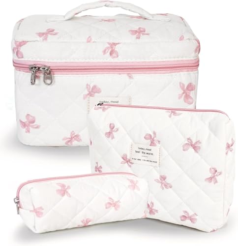 Kosmetiktasche, Make-up-Tasche, Make-up-Beutel, Make-up-Organizer, 3-teilige Make-up-Tasche aus gesteppter Baumwolle, Reise-Kosmetiktasche, süße Make-up-Tasche mit Blumenmuster, großer Kulturbeutel fo von PGPAYH
