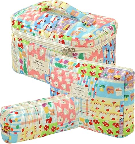 Kosmetiktasche, Make-up-Tasche, Make-up-Beutel, Make-up-Organizer, 3-teilige Make-up-Tasche aus gesteppter Baumwolle, Reise-Kosmetiktasche, süße Make-up-Tasche mit Blumenmuster, großer Kulturbeutel fo von PGPAYH