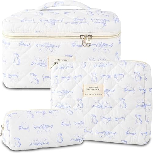 Kosmetiktasche, Make-up-Tasche, Make-up-Beutel, Make-up-Organizer, 3-teilige Make-up-Tasche aus gesteppter Baumwolle, Reise-Kosmetiktasche, süße Make-up-Tasche mit Blumenmuster, großer Kulturbeutel fo von PGPAYH