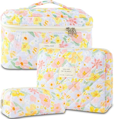 Kosmetiktasche, Make-up-Tasche, Make-up-Beutel, Make-up-Organizer, 3-teilige gesteppte Make-up-Tasche for Damen, großes Reise-Make-up-Taschen-Set, florale Make-up-Tasche aus Baumwolle, Oiletry-Organiz von PGPAYH