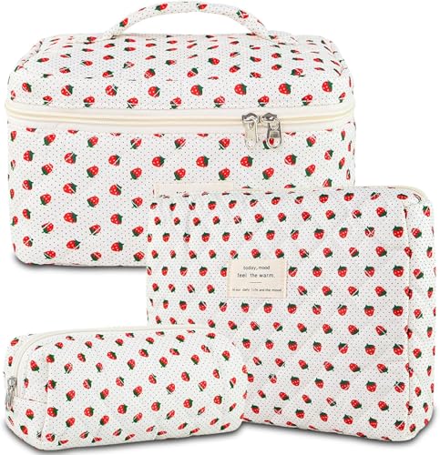 Kosmetiktasche, Make-up-Tasche, Make-up-Beutel, Make-up-Organizer, 3-teilige gesteppte Make-up-Tasche for Damen, großes Reise-Make-up-Taschen-Set, florale Make-up-Tasche aus Baumwolle, Oiletry-Organiz von PGPAYH