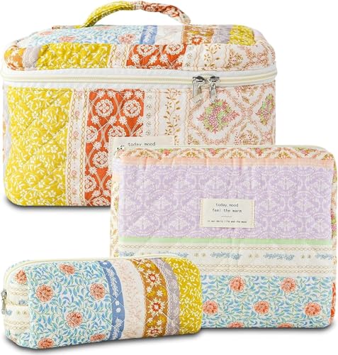 Kosmetiktasche, Make-up-Tasche, Make-up-Beutel, Make-up-Organizer, 3-teilige gesteppte Make-up-Tasche for Damen, großes Reise-Make-up-Taschen-Set, florale Make-up-Tasche aus Baumwolle, Oiletry-Organiz von PGPAYH