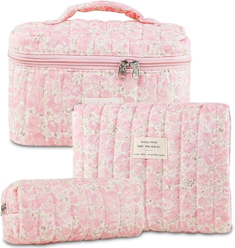 Kosmetiktasche, Make-up-Tasche, Make-up-Beutel, Make-up-Organizer, 3-teilige gesteppte Make-up-Tasche for Damen, großes Reise-Make-up-Taschen-Set, florale Make-up-Tasche aus Baumwolle, Oiletry-Organiz von PGPAYH
