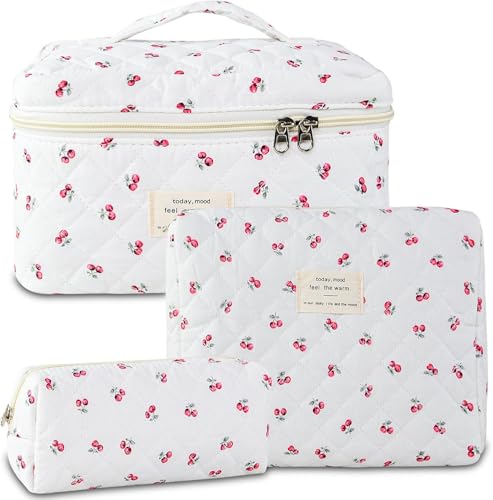 Kosmetiktasche, Make-up-Tasche, Make-up-Beutel, Make-up-Organizer, 3-teilige gesteppte Make-up-Tasche for Damen, großes Reise-Make-up-Taschen-Set, florale Make-up-Tasche aus Baumwolle, Oiletry-Organiz von PGPAYH