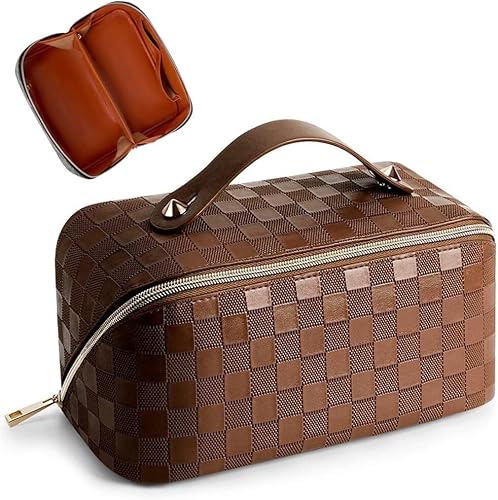 Kosmetiktasche, Make-up-Tasche, Make-up-Beutel, Make-up-Organizer, große Kapazität, Reise-Kosmetiktasche, karierte Make-up-Tasche, tragbare wasserdichte Hautpflegetasche aus Leder mit Griff und Trennw von PGPAYH