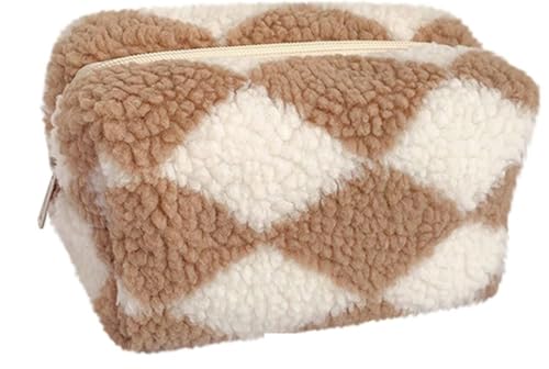 Kosmetiktasche, Make-up-Tasche, Make-up-Beutel, Make-up-Organizer, kleine Make-up-Tasche aus Frottee, karierte Kosmetik-Handtasche aus Plüsch, süße weiche Aufbewahrungstasche for Reise-Kulturtaschen m von PGPAYH