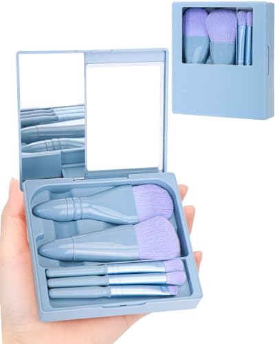 PGRODE Make-up-Pinsel in Reisegröße, Mini-Set mit Hartschalenetui und integriertem Spiegel, 5 kleine Kosmetikpinsel, Reise-Essentials-Set für Frauen, Mädchen, Geschenk (Himmelblau) von PGRODE