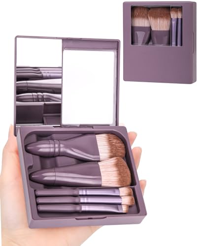 PGRODE Make-up-Pinsel in Reisegröße, Mini-Set mit Hartschalenetui und integriertem Spiegel, 5 kleine Kosmetikpinsel, Reiseutensilien-Set für Damen, Mädchen, Geschenk (Dunkelviolett) von PGRODE