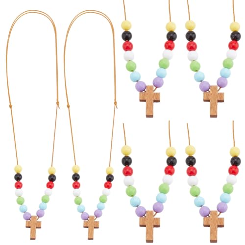 PH PandaHall 10 Stück Kreuz Anhänger Halskette Holz Kreuz Charms Mit Bunten Perlen Perlenketten Verstellbare Rosenkranz Schmuck Halskette Für Sonntagsschule Ostern Taufe von PH PandaHall