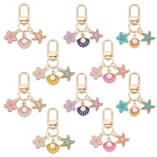 PH PandaHall 10 Stück Seestern Muschel Blume Schlüsselanhänger, 5 Farben Alloy Emaille Niedliche Ozean Strand Marine Schlüsselanhänger für Geldbörse Brieftasche Dekoration, Gold von PH PandaHall