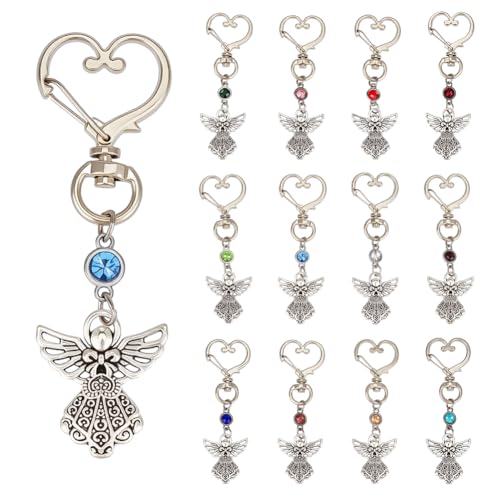 PH PandaHall 12 Farben Engel Schlüsselanhänger mit Geburtsstein Schutzengel Schlüsselanhänger Memorial Schlüsselanhänger Silberne Tasche Charms für Frauen Rucksack Hochzeit Geburtstag Geschenk von PH PandaHall