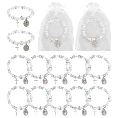 PH PandaHall 12 Set Rosenkranz Armband Bulk Mit Netzbeuteln 8mm Breites Stretch Armband Mit Klaren Perlen Taufgeschenk Armbänder Mit Ovalem Kreuzanhänger Für Taufe Beerdigung Kommunion Ostergeschenke von PH PandaHall