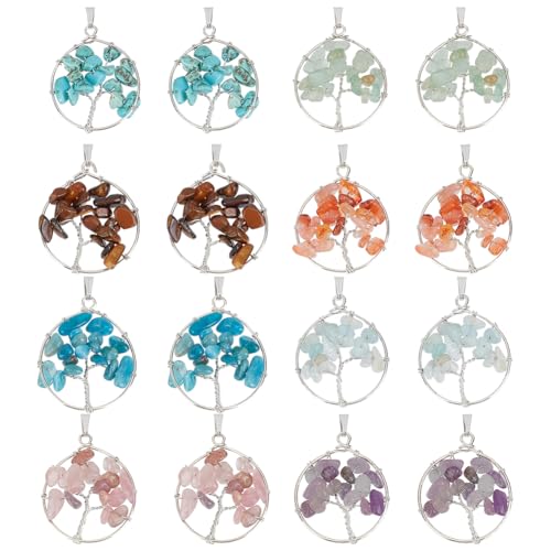 PH PandaHall 16pcs 8 Stile Baum des Lebens-Anhänger Naturstein Bunte Natur Edelstein Schmuck Flach Kristalle für DIY Halskette Ohrring Schmuck Thanksgiving Geburtstag Weihnachten Graduierung Geschenk von PH PandaHall