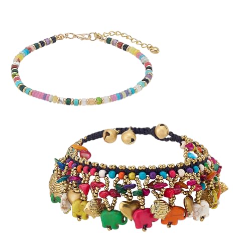 PH PandaHall 2 Stile Boho Frauenknöchelketten, 2 Stück bunte perlenbeadete Edelstein Scheibe Elefant Tassel Knöchelketten einstellbare Boho Knöchelketten für Strandurlaub Musikfestival Weihnachten von PH PandaHall