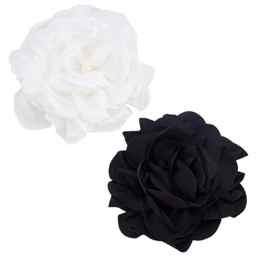 PH PandaHall 2 Stück 17cm Stoffrosenblumen Extra Große Broschen Zierliche Kamelienblüten Broschennadeln Anstecknadeln Für Hochzeit Party Bankett Kleid Anzug Kleidung Zubehör Geschenke Weiß/Schwarz von PH PandaHall