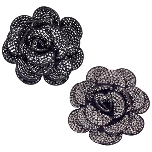 PH PandaHall 2 Stück 60 mm Strass-Rosenbrosche Anstecknadeln Blumenbroschen für Damen Elegante große Kamelienblumenbrosche Reversnadeln für Kleider, Tanzkleidung, Hochzeitsfeiern, schwarz/grau von PH PandaHall
