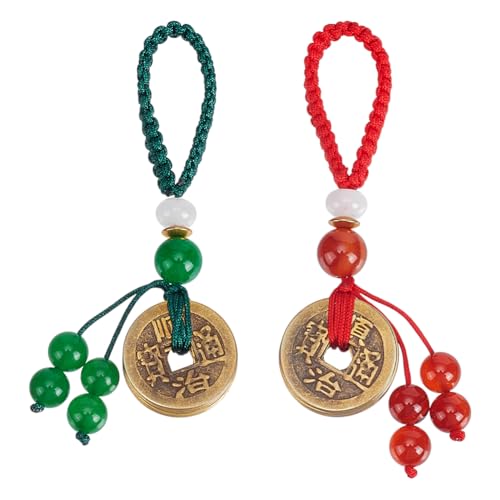 PH PandaHall 2 Stück Feng Shui Münze I Ging Münze Mit Karneol Malaysia Jade Rot Achat Perlen Fünf Kaiser Geld Für Reichtum Erfolg Viel Glück 3.35 Zoll von PH PandaHall