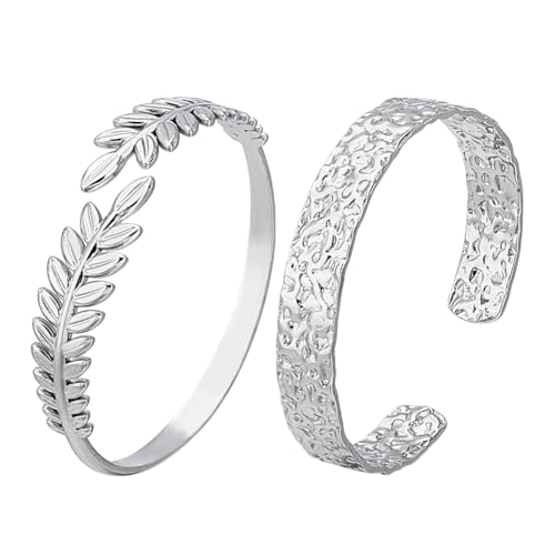 PH PandaHall 2 Styles Lorbeerblatt Armband Strukturiertes Geschnitztes Armband 304 Armreif Aus Edelstahl Mit Offener Manschette Boho Armreif Für Den Muttertag, Innendurchmesser: 53cm von PH PandaHall