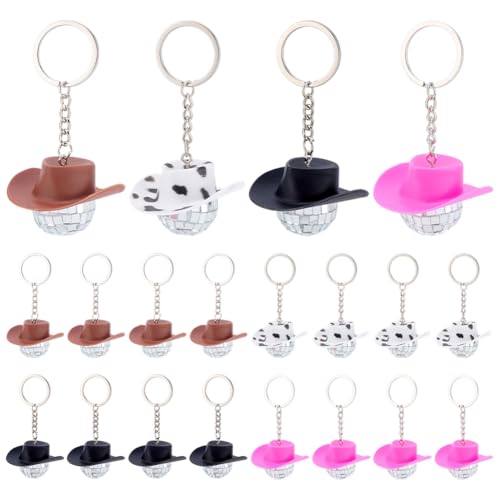 PH PandaHall 20 Stück Western Cowboy Hut Schlüsselanhänger, 4 Farben Kunststoff Mini Hüte Charm Schlüsselanhänger mit Spiegel Disco Ball Cowgirl Hut Form Schlüsselanhänger für Western Party Crafts von PH PandaHall