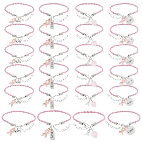 PH PandaHall 24 Stück Brustkrebs Armbänder Bewusstsein Lederarmband handgefertigtes Armband aus rosa Schleifen Lederkordeln geflochtenes Armband verstellbar Hoffnung für Frauen DIY gegen Brustkrebs von PH PandaHall