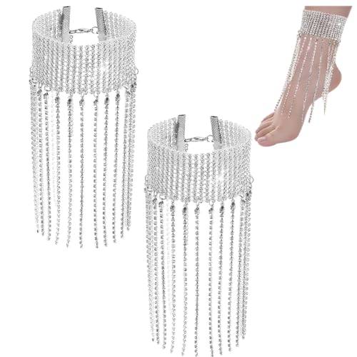 PH PandaHall 2pcs Kristall Quaste Fußkettchen Strass Quaste Fußkettchen Crystal Dangle Fußkettchen Glitter Tennis Fußkette Quaste Diamant Fußkettchen für Hochzeitsschmuck, Platin von PH PandaHall