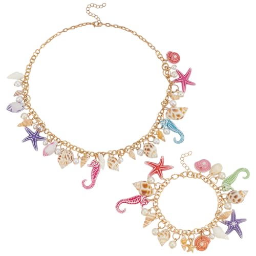 PH PandaHall 2pcs Shell Halskette Armband Set, Conch Starfish Frauen Schmuck Ocean Beach Statement Halskette Armband Meerjungfrau Kostüm-Zubehör Chunk-Schmuck für Frauen Sommer Halloween Party, Golden von PH PandaHall