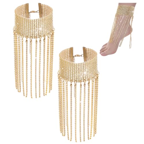 PH PandaHall 2pcs Strass Knöchel Armbänder Golden Crystal Dangle Fußkettchen Tassel Diamant Kette Fußkettchen Glitter Tennis Fußkette Kristall Fransen Fußkettchen für Parteien Hochzeit Schmuck Zubehör von PH PandaHall