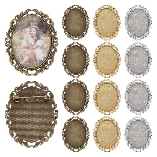 PH PandaHall 3 Farben Brosche Cabochon Einstellung 12pcs Vintage Broschen Blank Lünette Oval Brosche Pins Tabletts Cabochon Rahmen Foto Pins Basis für Hochzeit Graduierung Schmuck machen 51x40x2mm von PH PandaHall