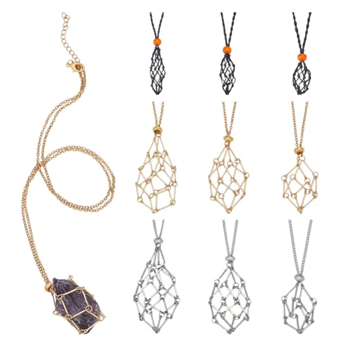 PH PandaHall 3 Modelle 9 Stück Kristall-Halskettenhalter Kristallhalter aus Edelstahl Halskette aus Polyester Edelsteine Käfig-Halsketten Verstellbarer Halter für leere Steine für Sommer Strand von PH PandaHall