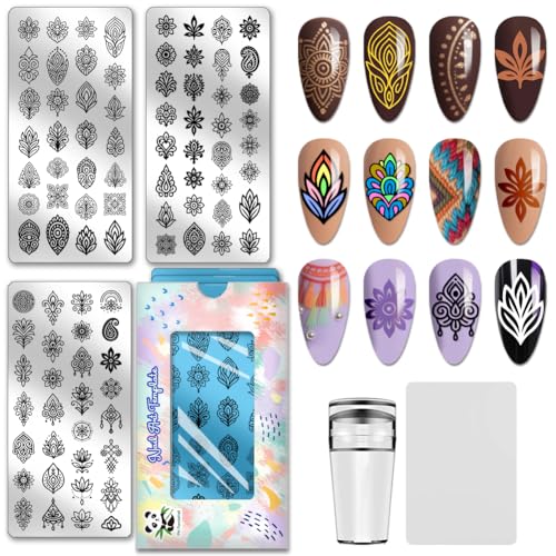 PH PandaHall 3 Stück Boho Muster Nagelstempelplatten Mysteriöses Blumenmuster Nagelkunstvorlagen Blatt und Blumenmaniküre Kunststempel Ethnische Nageldesignstempel für Frauen Maniküresalons DIY Druck von PH PandaHall