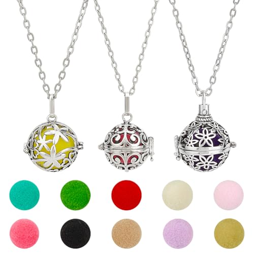 PH PandaHall 3 Stück Halskette Mit Diffusor Für Ätherische Öle Aromatherapie Medaillon Anhänger Duft Halskette Mit 10 Stück Farbigen Wattebällchen Platin Anhänger Für Männer Frauen Schmuck Geschenke von PH PandaHall