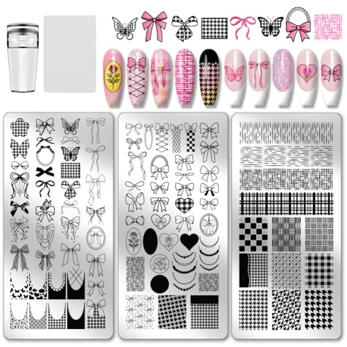 PH PandaHall 3 Stück Nagelstempelplatte Mit Schleife Süße Schleife Schmetterling Blumen Nagelkunst Vorlagen DIY Karierte Bildstempelplatten Werkzeugschablonen Für Frauen Party Druck Maniküre Design von PH PandaHall