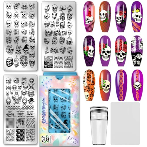 PH PandaHall 3 Stück Nagelstempelplatte mit Blumen-Totenkopf-Muster Schablone mit Totenkopf-Muster zum Drucken Nagelbildplatte aus Edelstahl Schablone für Nägel im Punk-Stil für Frauen DIY, 12 x 6 cm von PH PandaHall