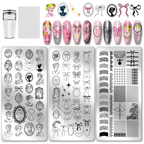 PH PandaHall 3 Stück Nagelstempelplatten Im Retro Lady Portrait Mit Fliege Nagelkunst Vorlagen Spitzenband Nagelkunst Schablonen Vintage Stil Nagelbildplatten Für Frauen Maniküre Salon Designdruck von PH PandaHall