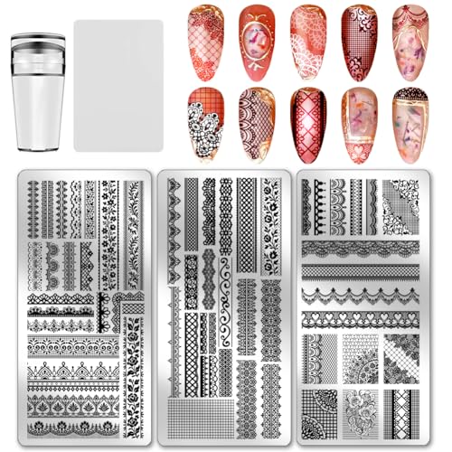 PH PandaHall 3 Stück Nagelstempelplatten Mit Spitzenbesatz Blumenspitze Nagelkunst Vorlagen Retro Textur Maniküre Stempel French Tip Nägel Bildplatten Für Frauen DIY Maniküre Salon Designdruck von PH PandaHall
