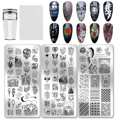 PH PandaHall 3 Stück Schädel Nagel Stamping Platten, Knochen Skelett Blume Nail Art Vorlagen Gothic Schädel Kunst Schablonen Bildplatte mit Stempel und Schaber für DIY Druck Maniküre Salon Design von PH PandaHall
