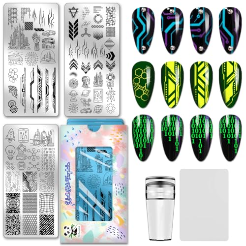 PH PandaHall 3 Stück Sci-Fi Elements Nagelstempelplatten Punk City Nagelkunstvorlagen Sci-Fi Leiterplatte Manikürekunstschablonen Roboter Geometrische Nageldesignstempel für Frauen Druckmaniküren von PH PandaHall