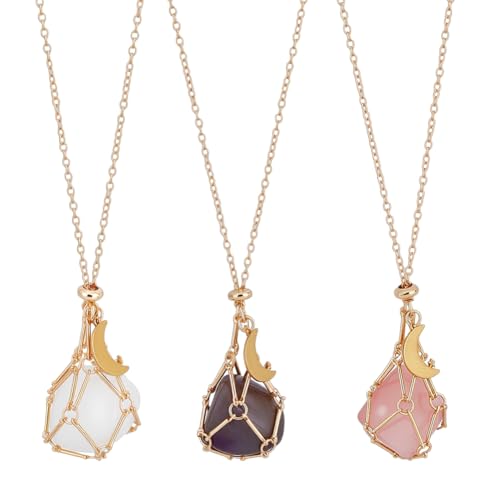 PH PandaHall 3 Styles Kristall-Halter Halsketten mit Naturstein Auswechselbare GemStones Halskette Goldene Quarz-Halskette Käfig Amethyst Anhänger Halsketten für Frauen Männer Kristallschmuck Geschenk von PH PandaHall