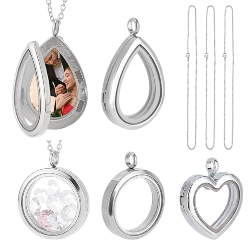 PH PandaHall 3 Styles Medaillon Anhänger Halskette 304 Edelstahl Memory Floating Charms Runde Erinnerung Halskette Teardrop Herz Anhänger für Frauen Freundschaft Halskette Speicher nostalgisch von PH PandaHall