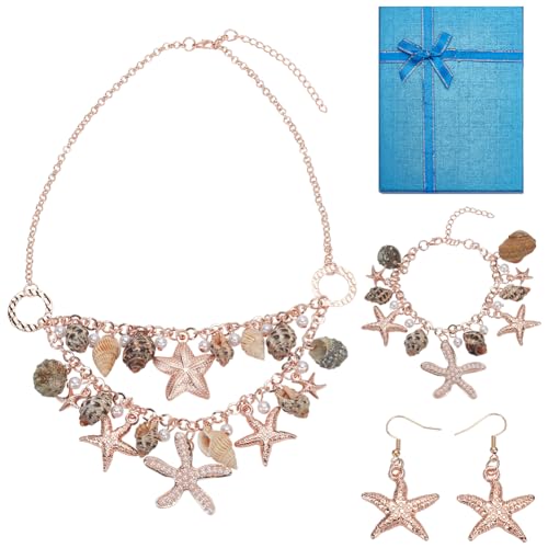 PH PandaHall 3 in 1 Muschel Seestern Schmuck Meerjungfrau Schmuckset Perlenkette Armbänder Ohrringe Anhänger Seestern Kostüm Für Halloween Tag Damen Sommer Meer Strand von PH PandaHall