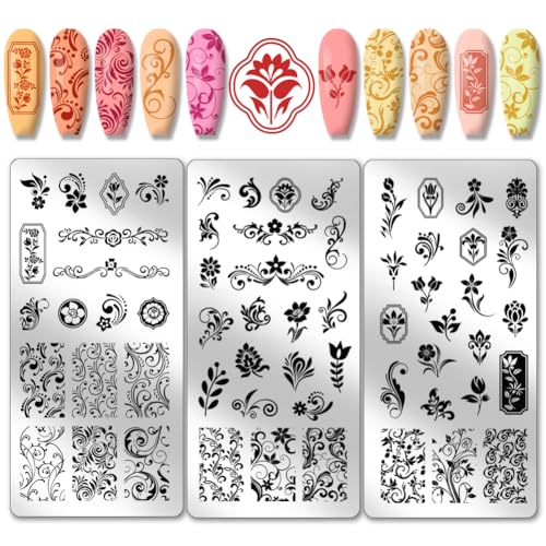 PH PandaHall 3pcs Blume Textur Nail Art Stamping Platte, 61 Muster Floral Blatt Nail Stamper Kunst Dekor Nagel Stempelplatte Druck-Nagelschablonen Nagelbildplatten aus Edelstahlfür Nail Art Design von PH PandaHall