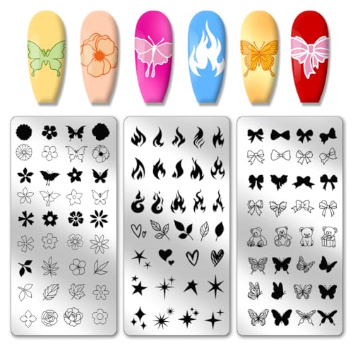 PH PandaHall 3pcs Nagel-Stempelplatte Blume Stern Schmetterling Nail Art Stamper DIY-Nagelkunst-Platten Nail Art Design Stempel Kit Wiederverwendbare Nail Art Tools für Nageldesign Maniküre Salon von PH PandaHall